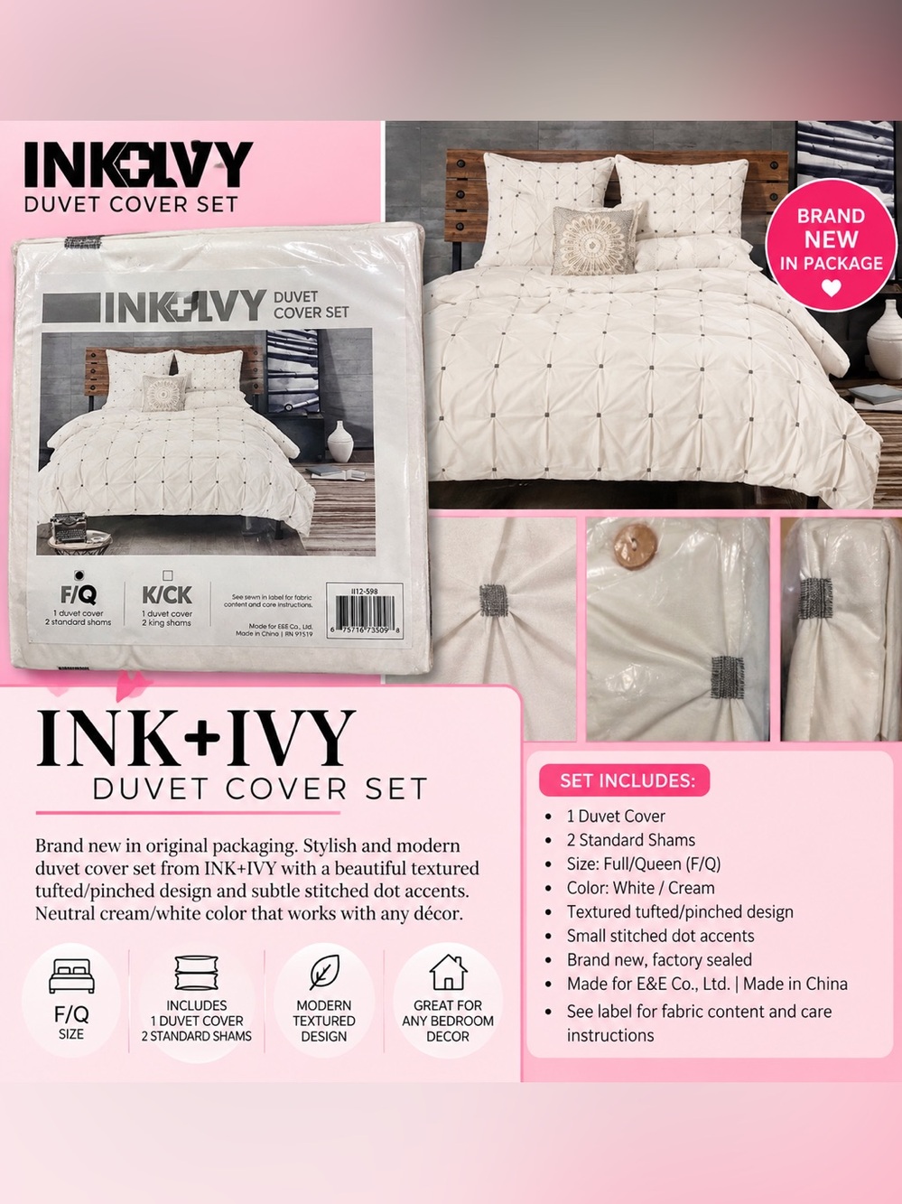 NEW SEALED Full/Queen White Gray Duvet Cover Set
